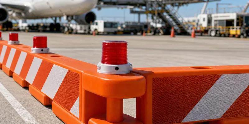 Orange TSS890 airport barriers with reflective striping linked at a corner on an airport apron